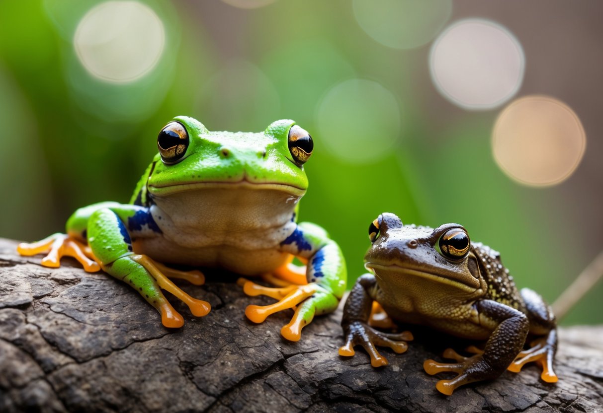 A close-up of a vibrant green frog and a brown toad against a blurred natural background, showcasing intricate details and textures