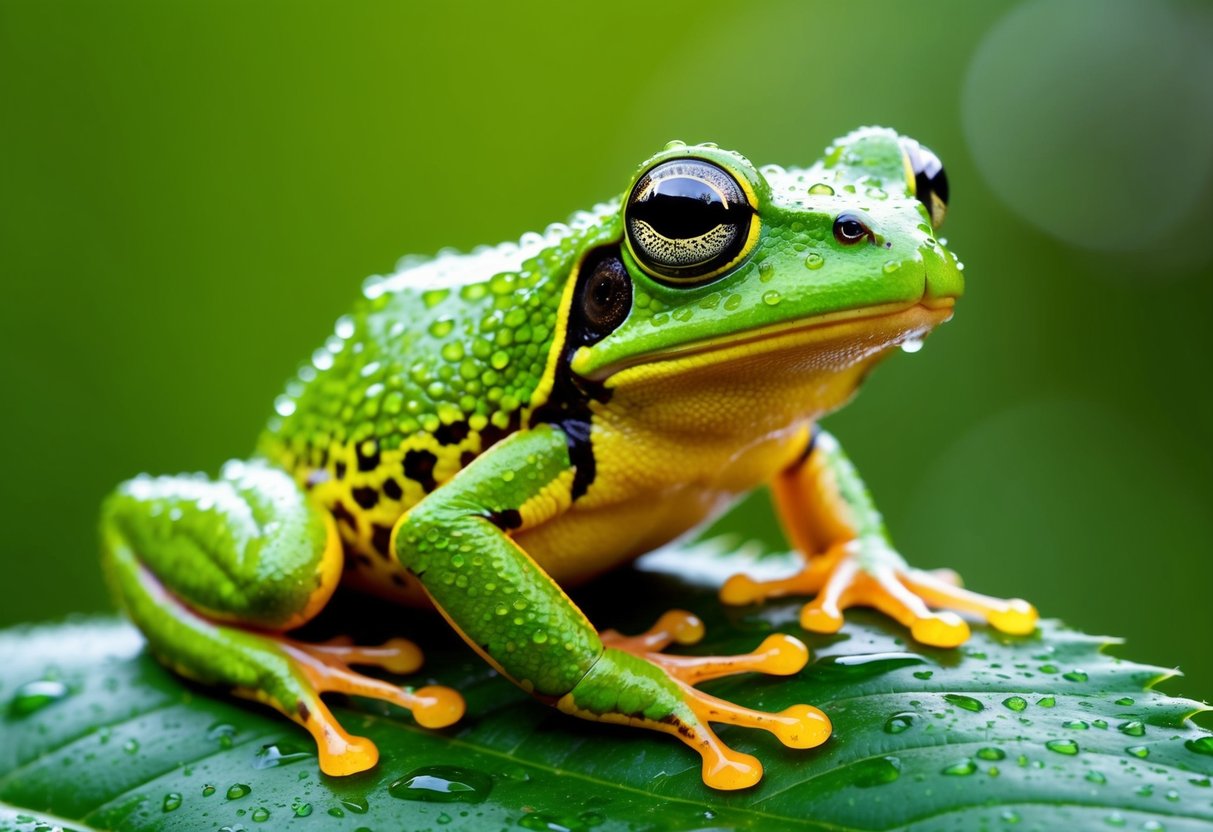 A close-up of a vibrant green frog perched on a leaf, with dewdrops highlighting its textured skin and intricate details