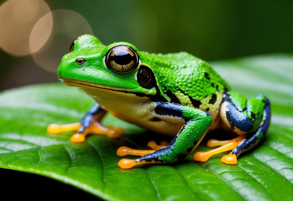 A close-up of a vibrant green frog perched on a leaf, with intricate details of its skin and eyes captured using macro photography