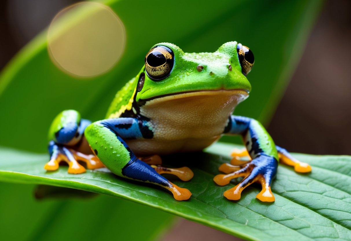 A close-up of a vibrant green frog perched on a leaf, with intricate details of its skin and eyes highlighted through macro photography