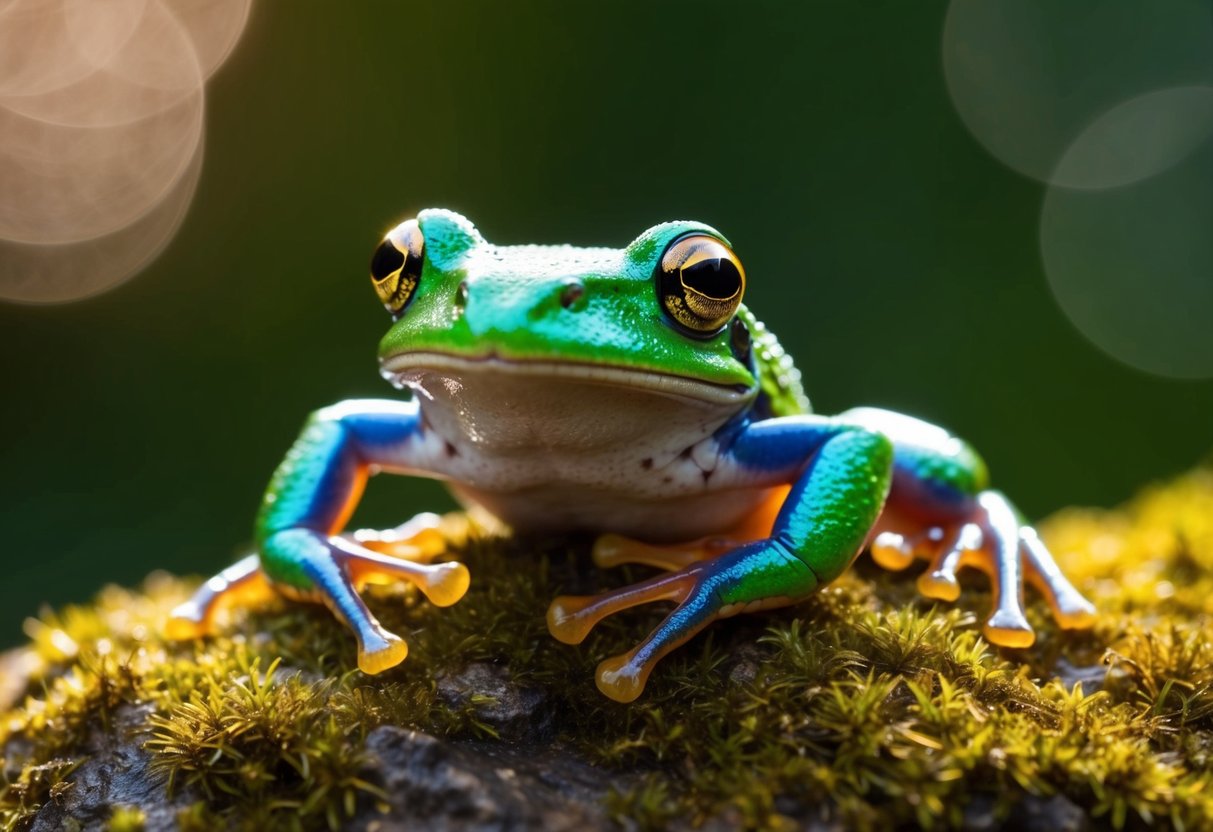 A close-up of a vibrant green frog perched on a moss-covered rock, with sunlight highlighting its iridescent skin and golden eyes