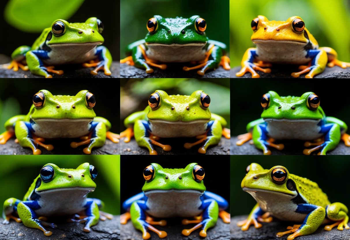 A close-up of various frogs and toads in their natural habitat, showcasing their vibrant and diverse colors