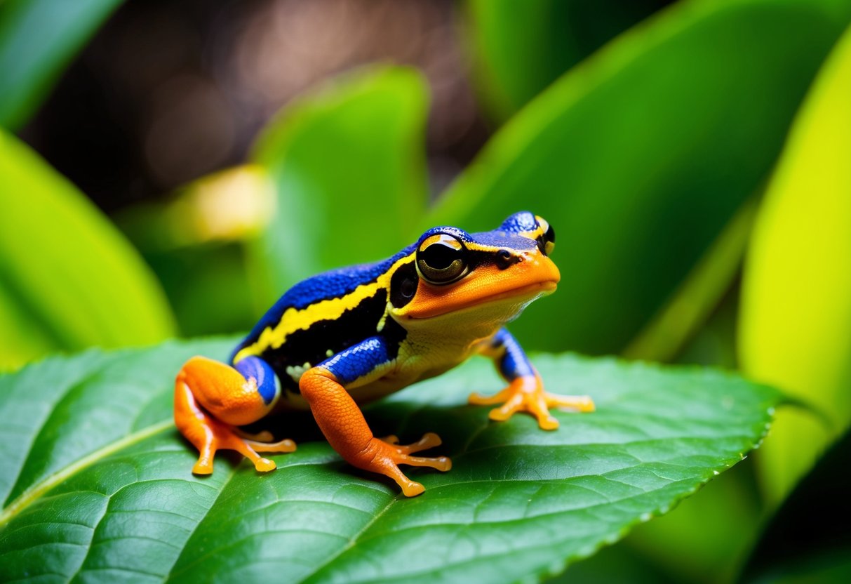 A close-up photo of a colorful amphibian perched on a leaf, with vibrant green foliage in the background