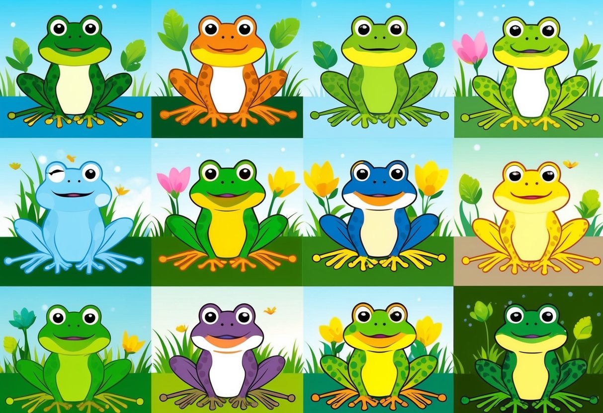 A collection of colorful illustrations featuring frogs and toads in various poses and settings, showcasing their playful and endearing personalities