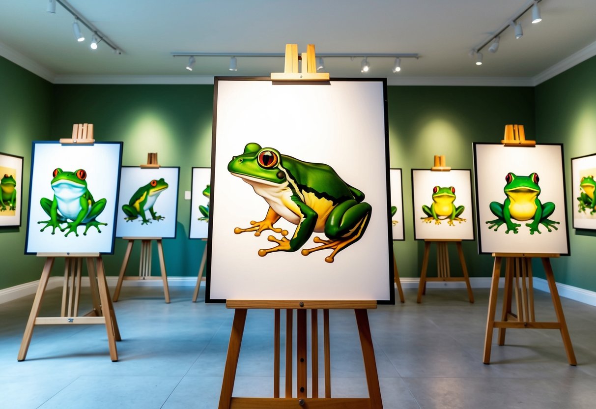 A collection of vibrant frog and toad illustrations displayed on easels and walls in a spacious, well-lit gallery