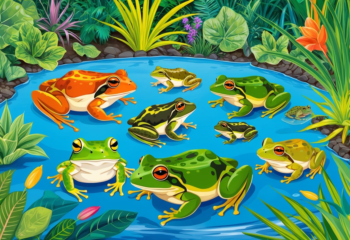 A colorful illustration of frogs and toads in their natural habitat, surrounded by vibrant plants and water
