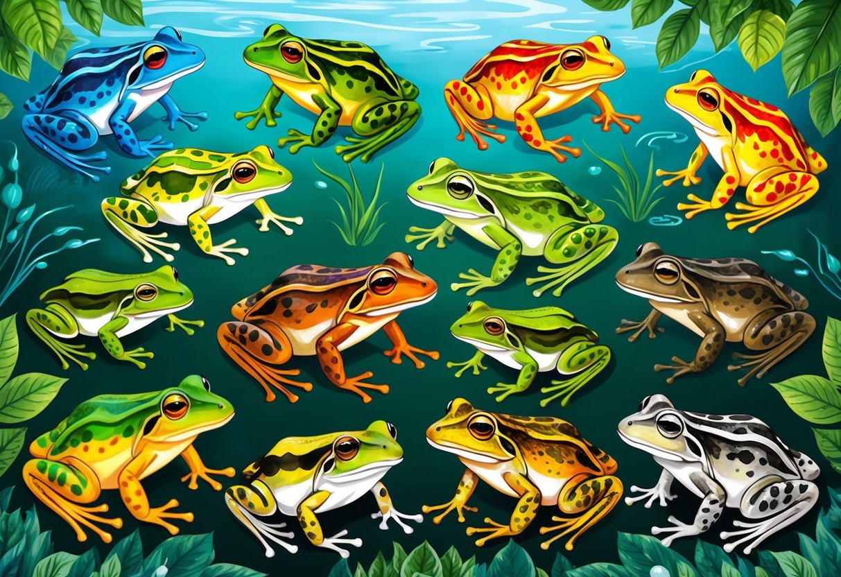 A colorful illustration of various frogs and toads in different artistic styles and poses, surrounded by lush greenery and water elements