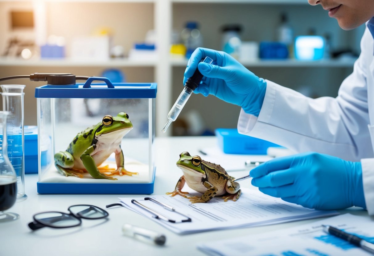 A frog and a toad are depicted in a laboratory setting, surrounded by scientific equipment and research papers. The frog is shown in a tank, while the toad is being examined by a scientist
