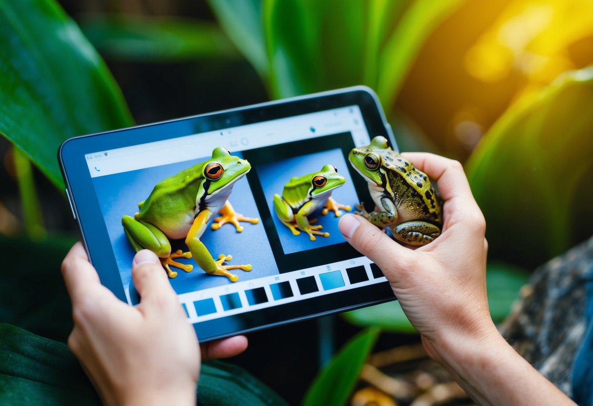 A frog and a toad carefully selecting and arranging their photos on a digital device, ensuring that each image reflects ethical considerations