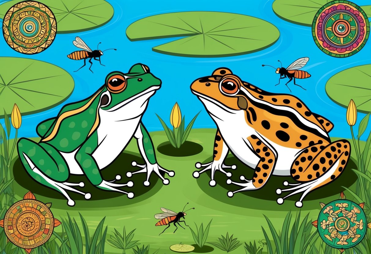 A frog and a toad depicted in traditional art styles from various cultures, surrounded by symbolic elements such as lily pads, water, and insects