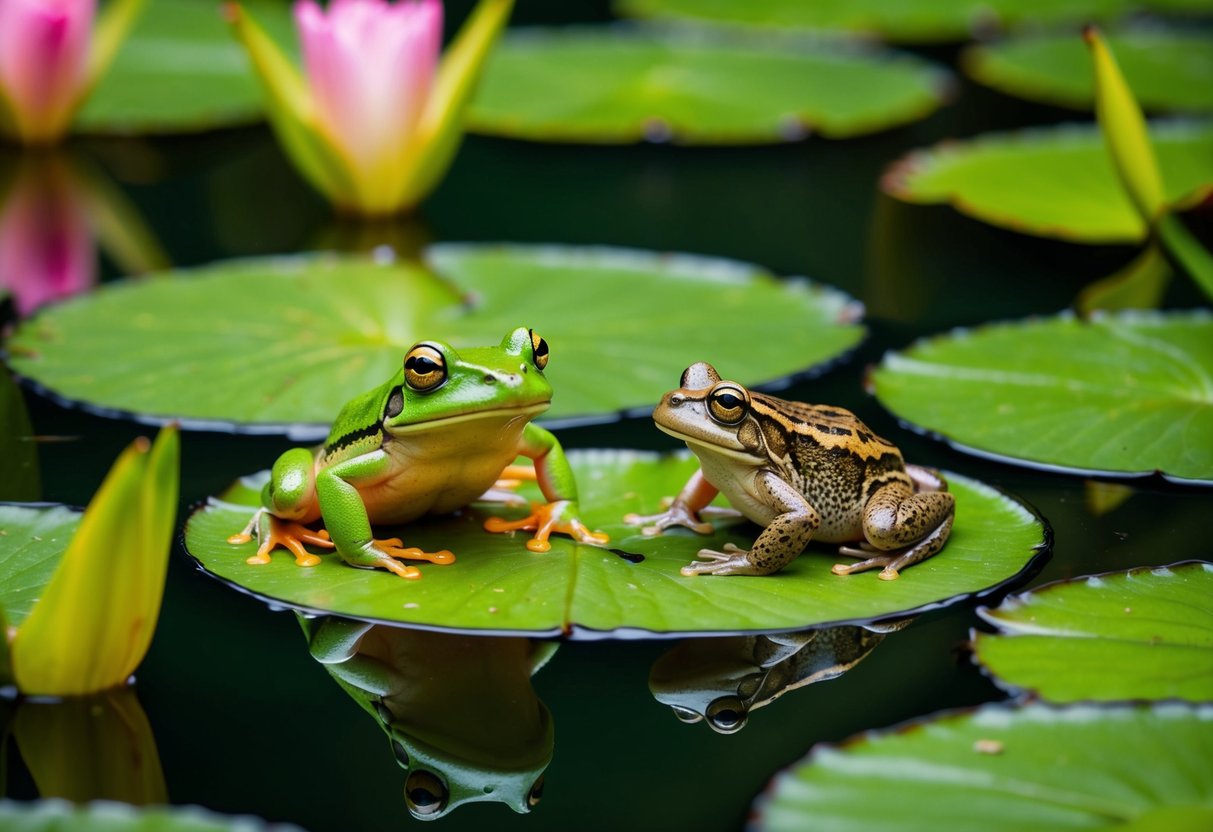 A frog and a toad sit on a lush green lily pad in a serene pond, surrounded by vibrant water lilies and gentle ripples on the water's surface
