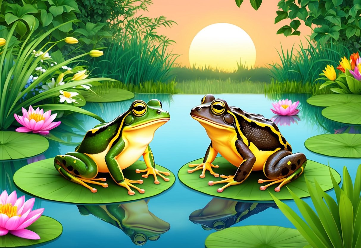 A frog and a toad sit on lily pads in a serene pond, surrounded by lush greenery and colorful flowers. The sun sets in the background, casting a warm glow over the scene