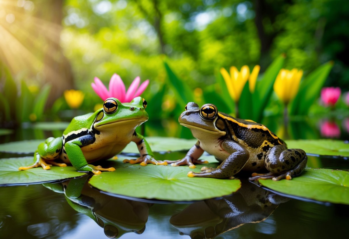 A frog and a toad sit on lily pads in a serene pond, surrounded by vibrant green foliage and colorful flowers. The sunlight filters through the trees, creating a soft, natural glow on the amphibians