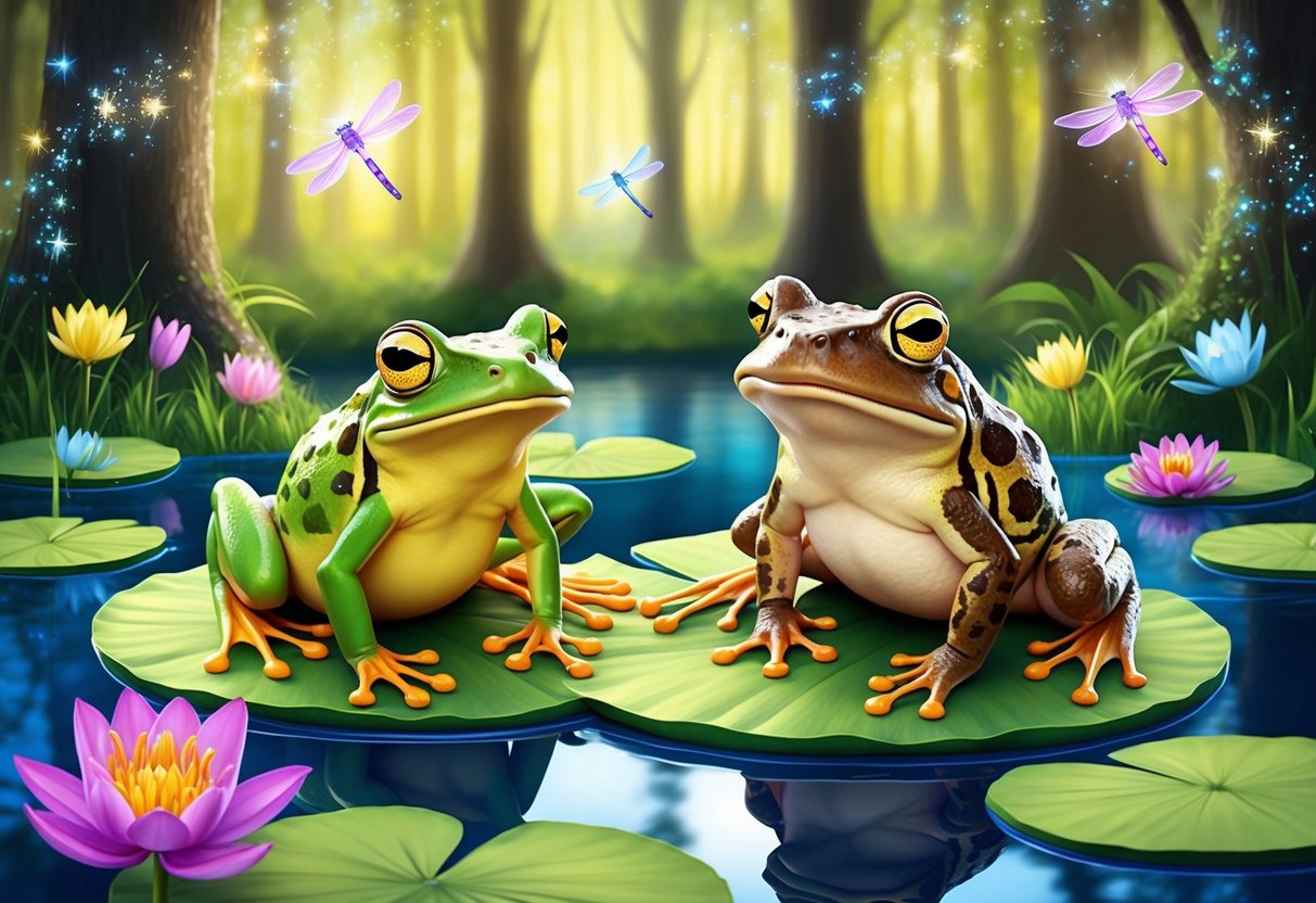 A frog and a toad sit on lily pads, surrounded by a magical forest with sparkling fireflies and colorful flowers