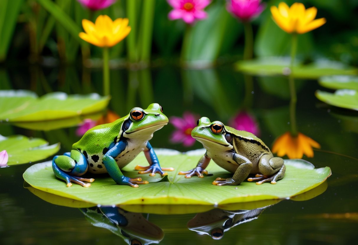 A frog and a toad sitting on a lily pad in a peaceful pond, surrounded by lush greenery and colorful flowers