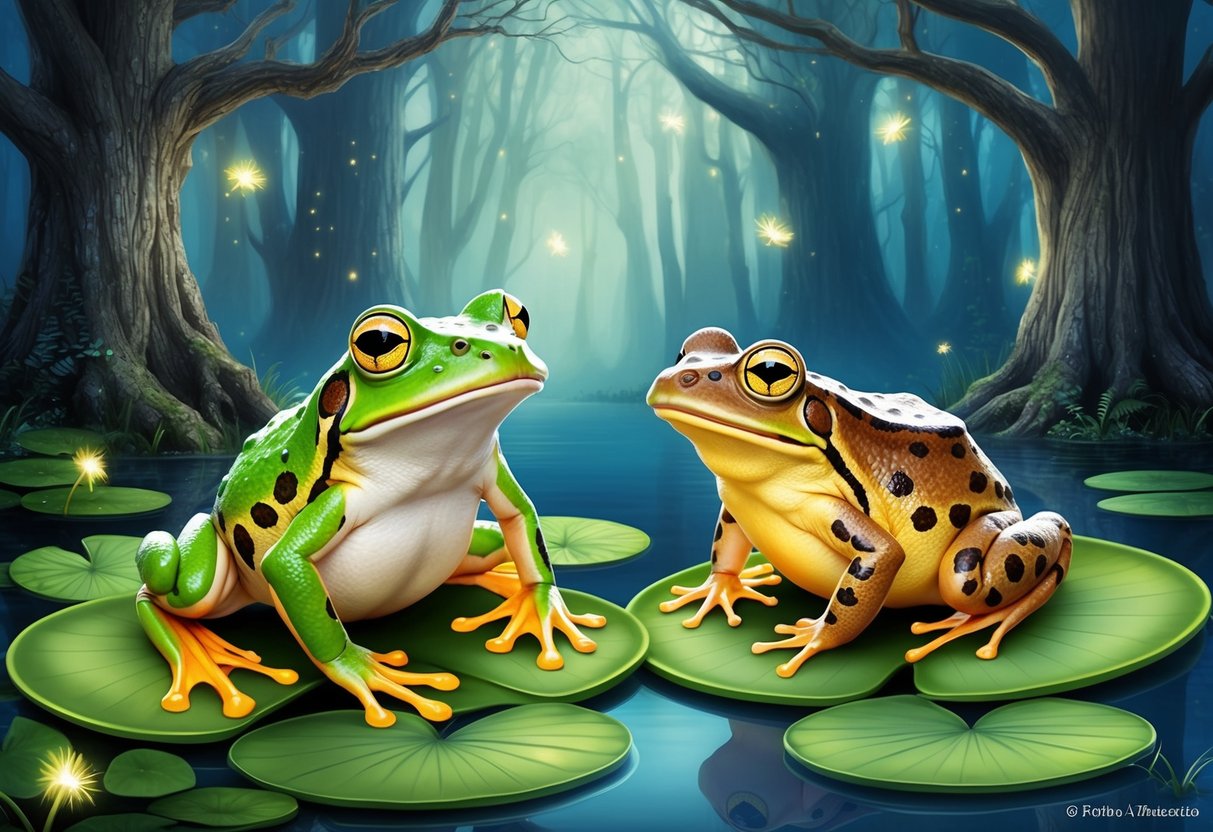 A frog and a toad sitting on lily pads in a mystical forest, surrounded by twinkling fireflies and ancient trees