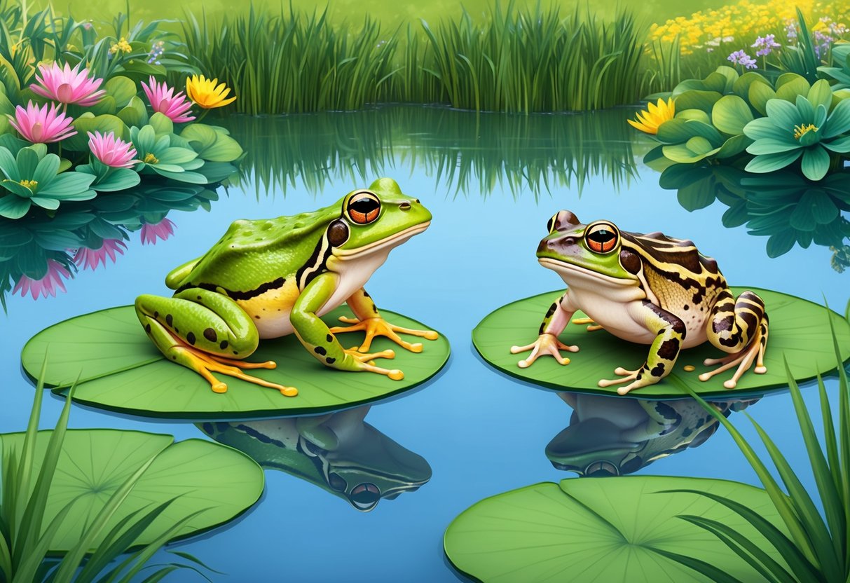 A frog and a toad sitting on lily pads in a serene pond, surrounded by lush greenery and colorful flowers