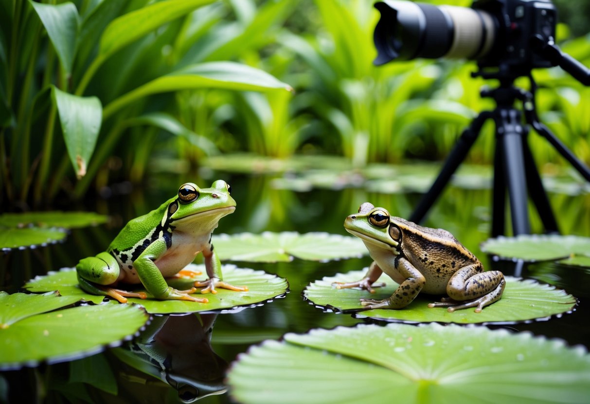 A frog and a toad sitting on lily pads, surrounded by lush green foliage and a serene pond, with a camera on a tripod nearby
