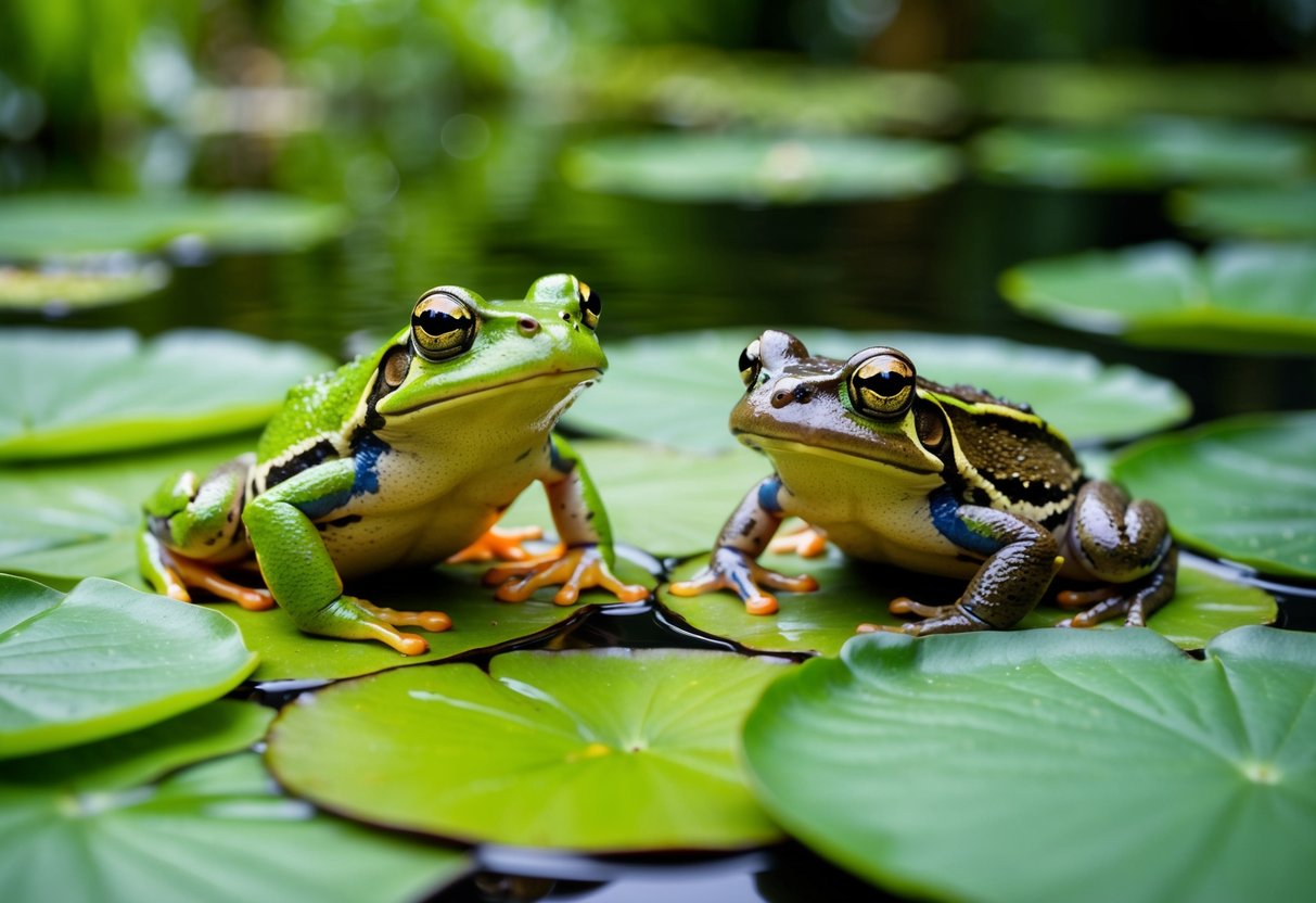 A frog and a toad sitting on lily pads, surrounded by lush greenery and a serene pond