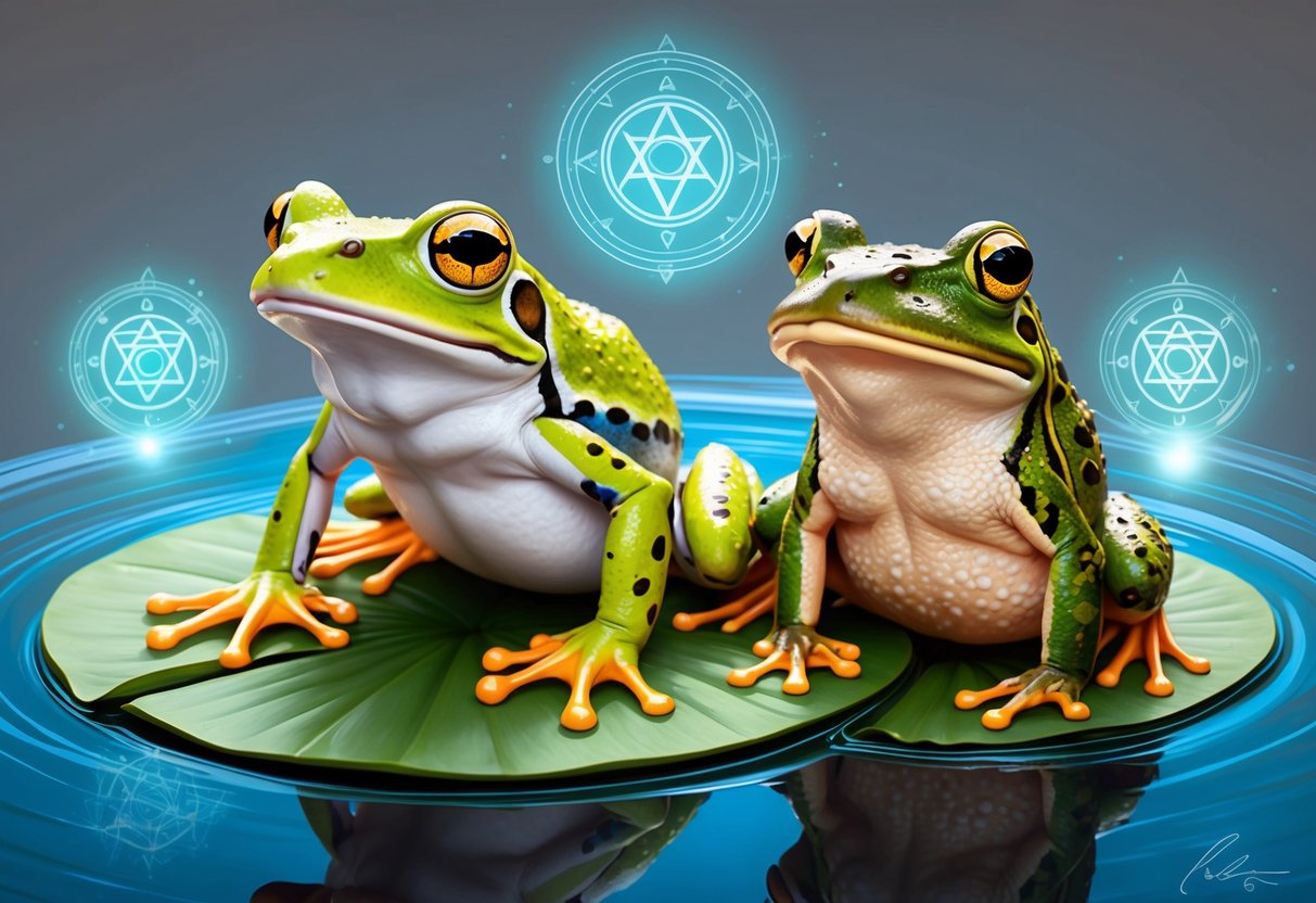 A frog and a toad sitting on lily pads surrounded by mystical symbols and glowing orbs