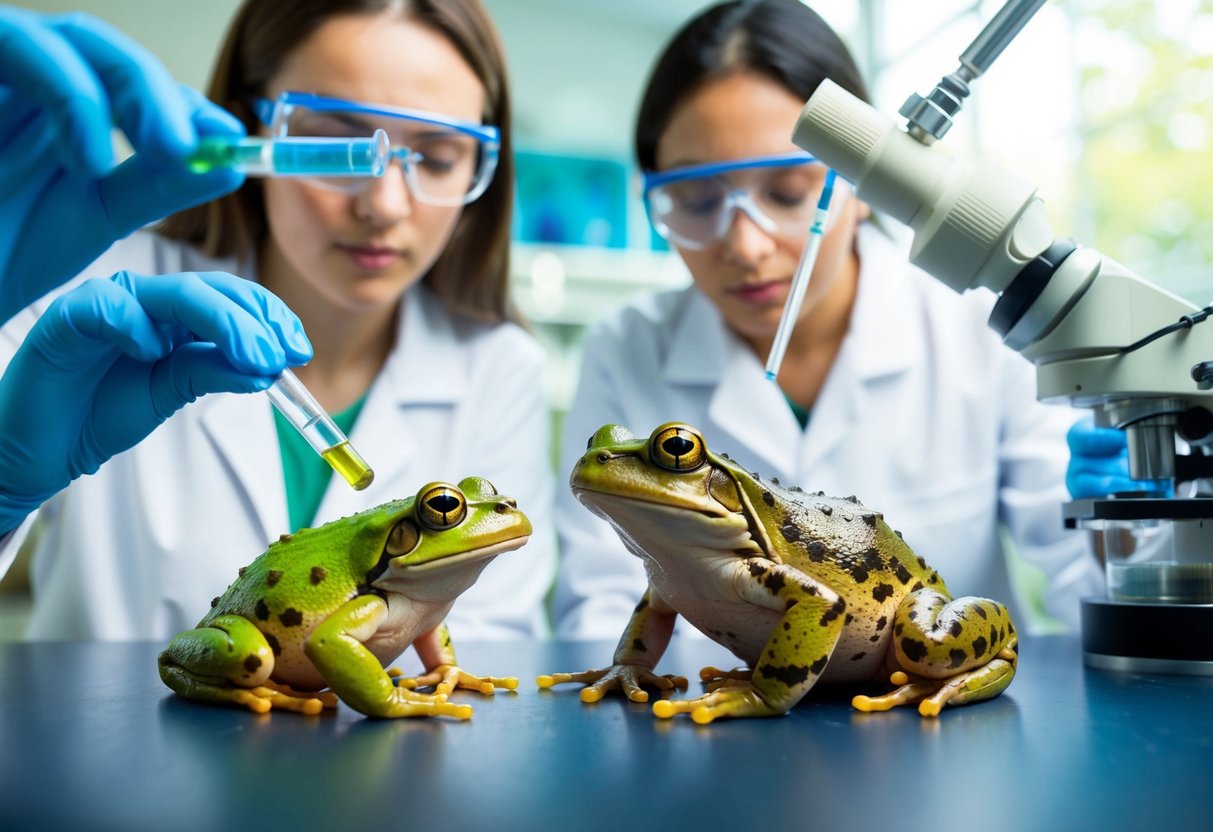 A frog and toad are being studied in a laboratory setting, with researchers observing their physiology and conducting experiments