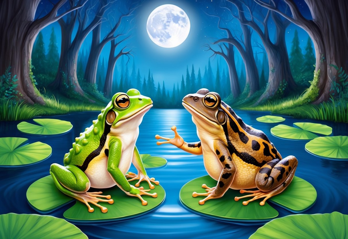 A frog and toad sit on lily pads, surrounded by a magical forest. The moon shines above as they engage in conversation