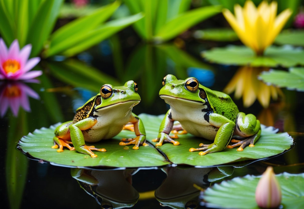A frog and toad sit side by side on a lily pad in a serene pond, surrounded by vibrant green foliage and colorful flowers