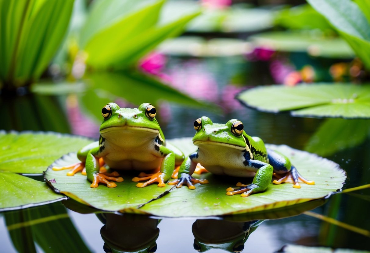 A frog and toad sit side by side on a lily pad in a tranquil pond, surrounded by lush green foliage and colorful flowers