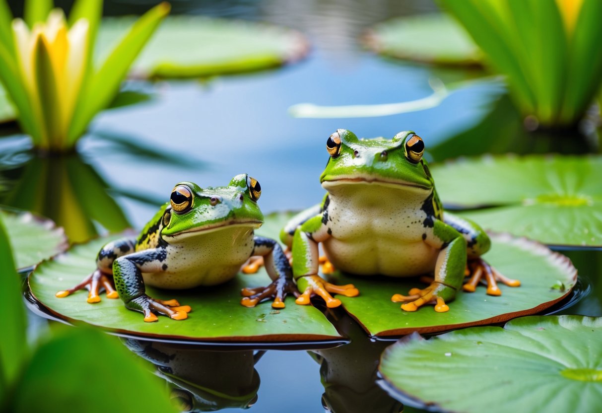A frog and toad sit side by side on a lily pad in a tranquil pond, surrounded by vibrant green foliage and delicate water lilies