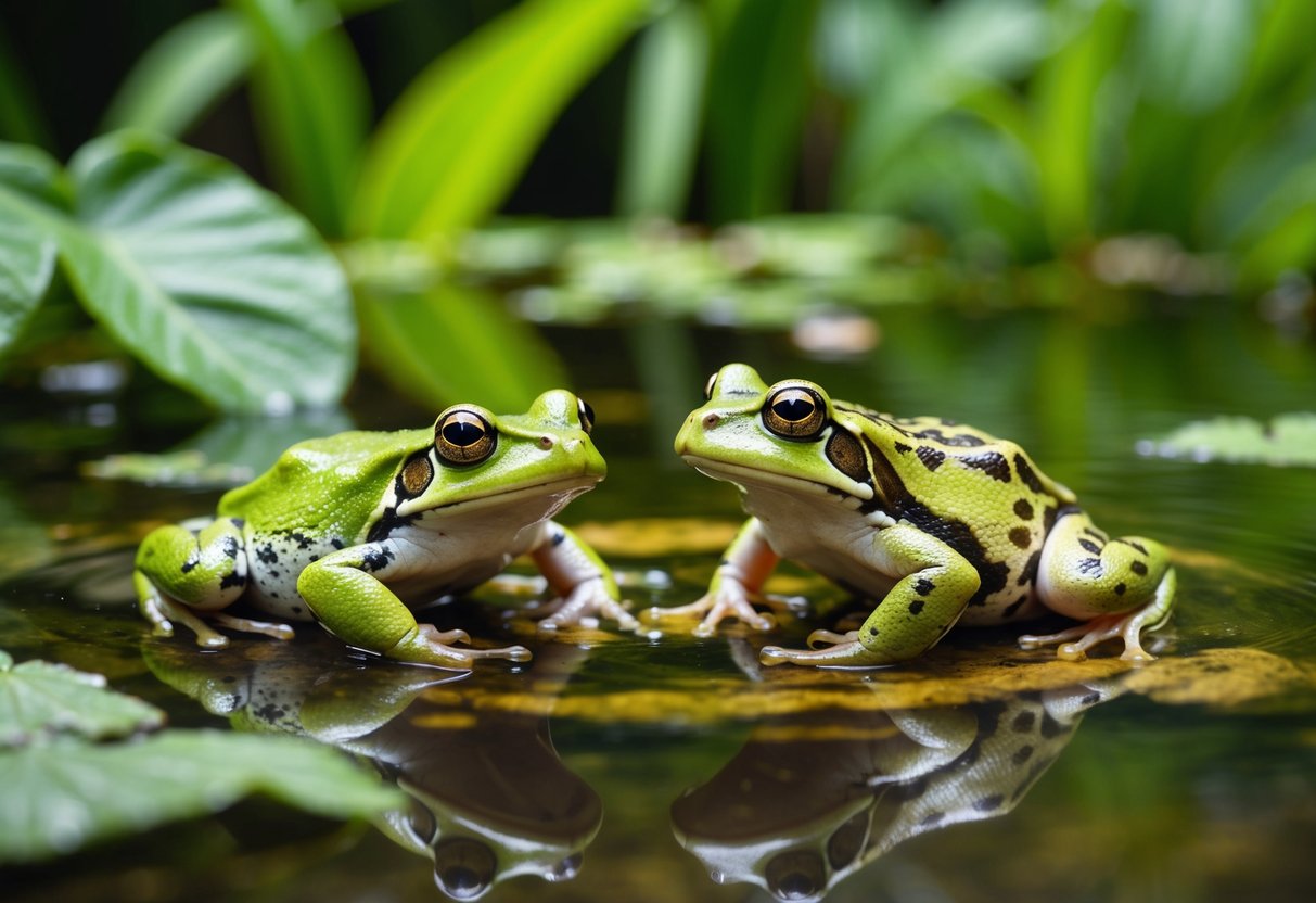 A frog and toad sitting in a natural habitat, surrounded by lush greenery and clear water. The photographer maintains a respectful distance, capturing the animals in their natural environment