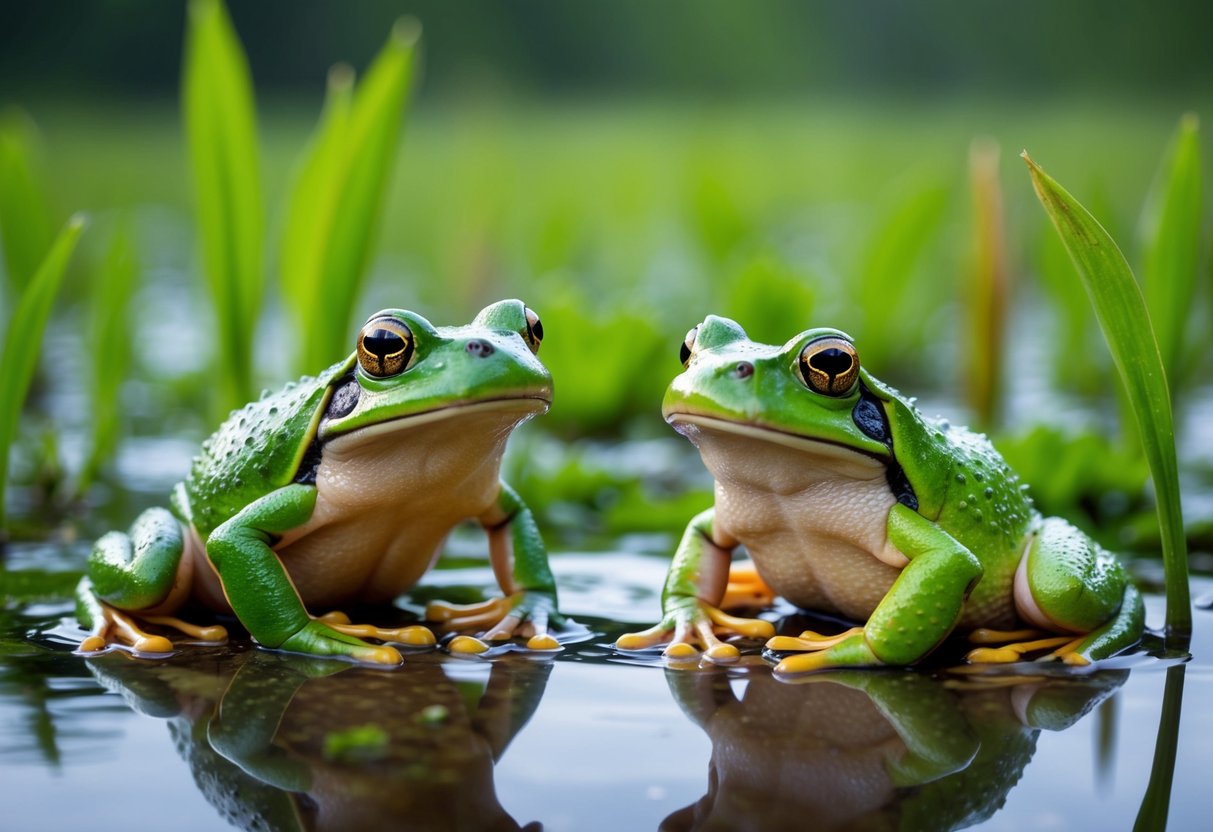 A frog and toad sitting in a wetland, with enlarged webbed feet and slimy skin, showcasing their physiological adaptations for survival