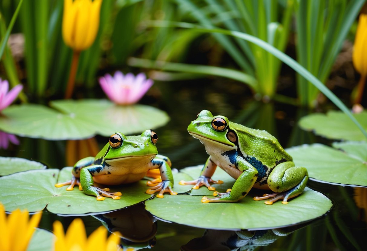 A frog and toad sitting on lily pads in a peaceful pond, surrounded by colorful flowers and tall grasses