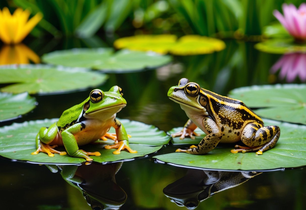 A frog and toad sitting on lily pads in a peaceful pond, surrounded by lush greenery and colorful flowers