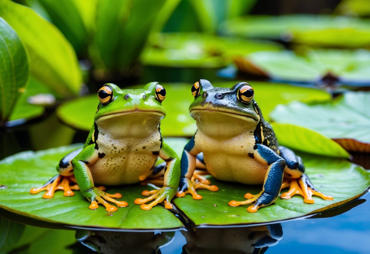 A frog and toad sitting side by side on a lily pad, surrounded by vibrant green foliage and shimmering water