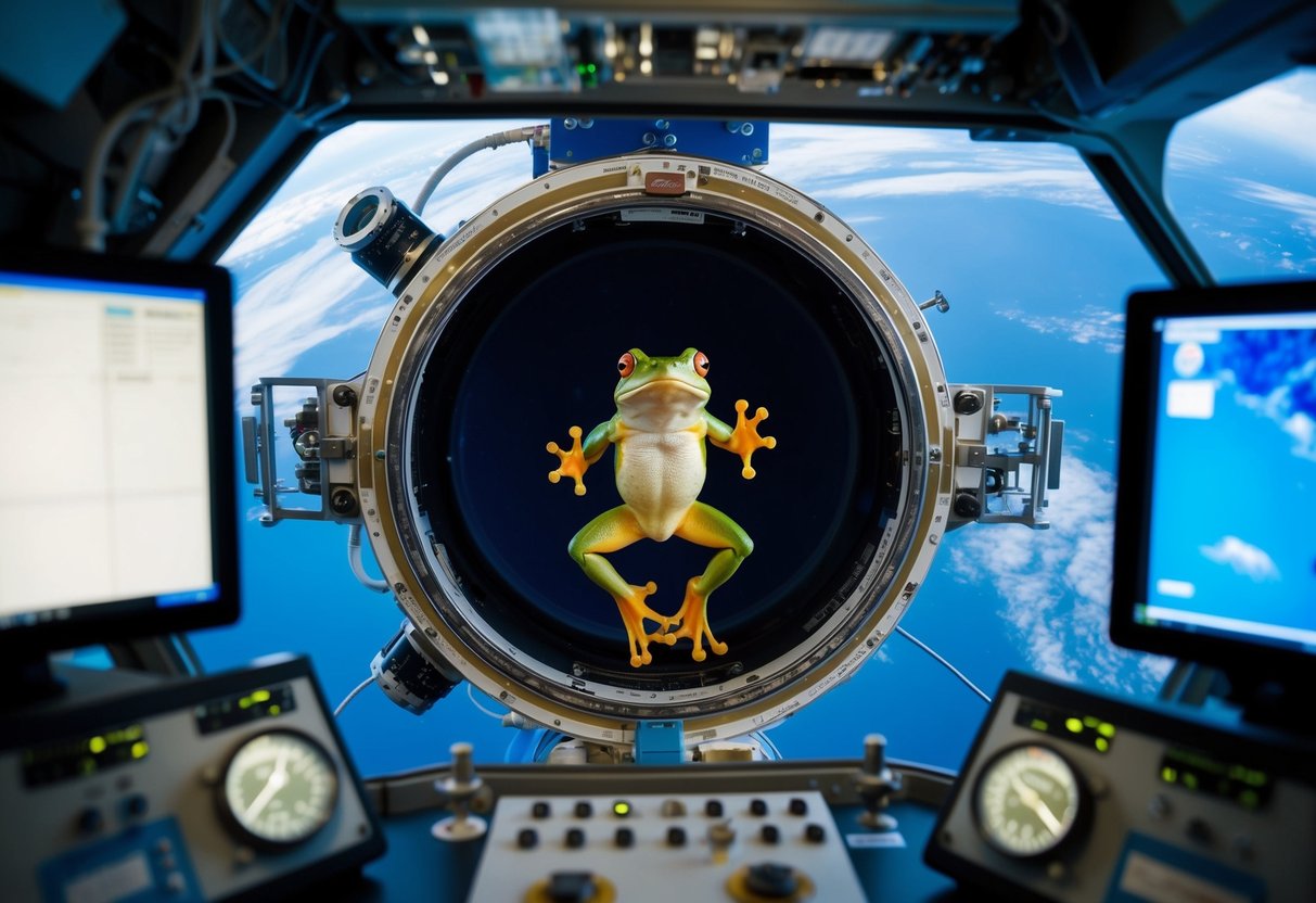 A frog floating in a space capsule, surrounded by scientific equipment and monitors, with Earth visible in the background