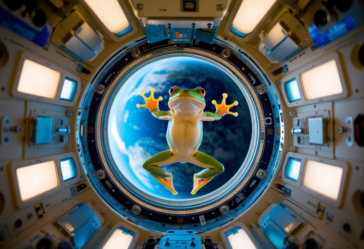 A frog floating weightlessly in a space capsule, surrounded by equipment and technology, with Earth visible in the background