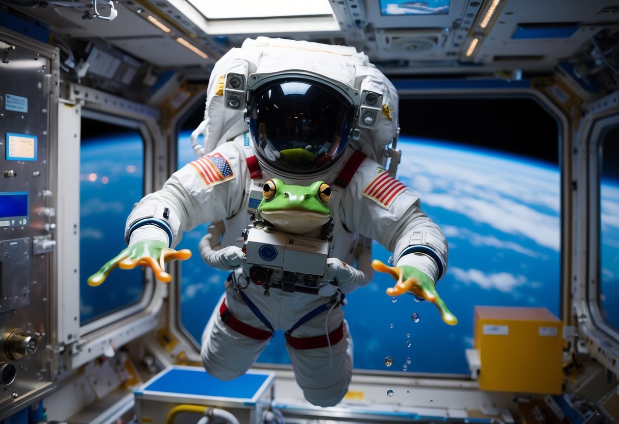 A frog in a space suit floats weightlessly among floating water droplets and equipment in a research module, with Earth visible in the background