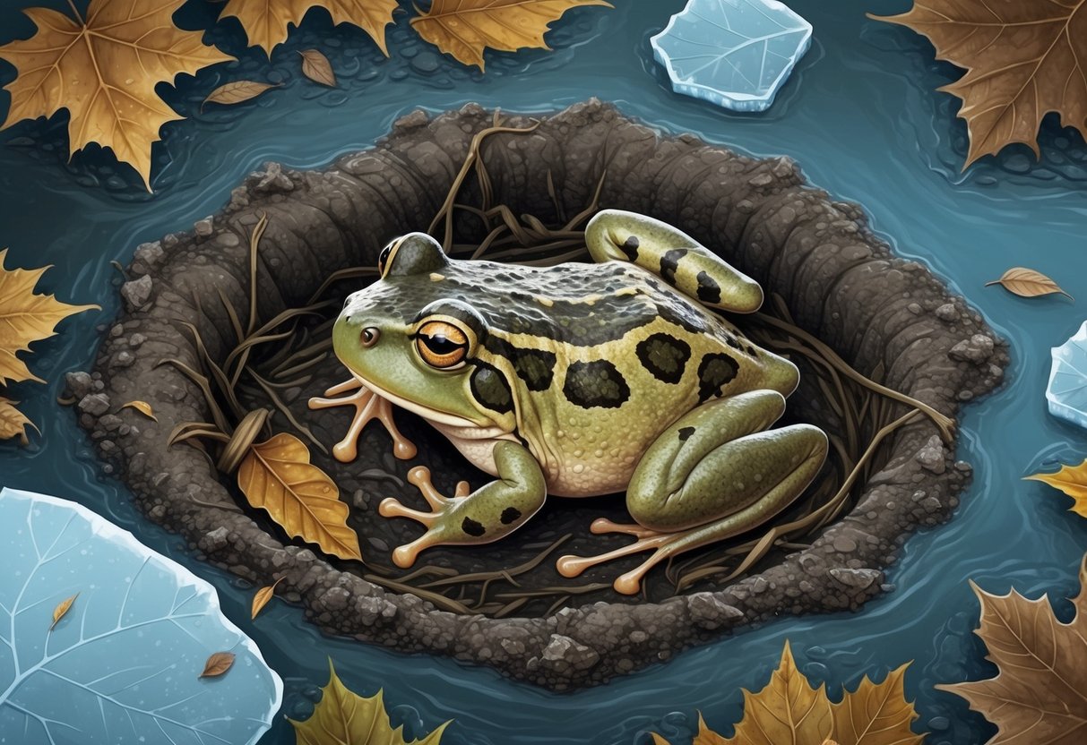 A frog nestled in the mud at the bottom of a pond, surrounded by fallen leaves and ice, its body still and eyes closed in hibernation