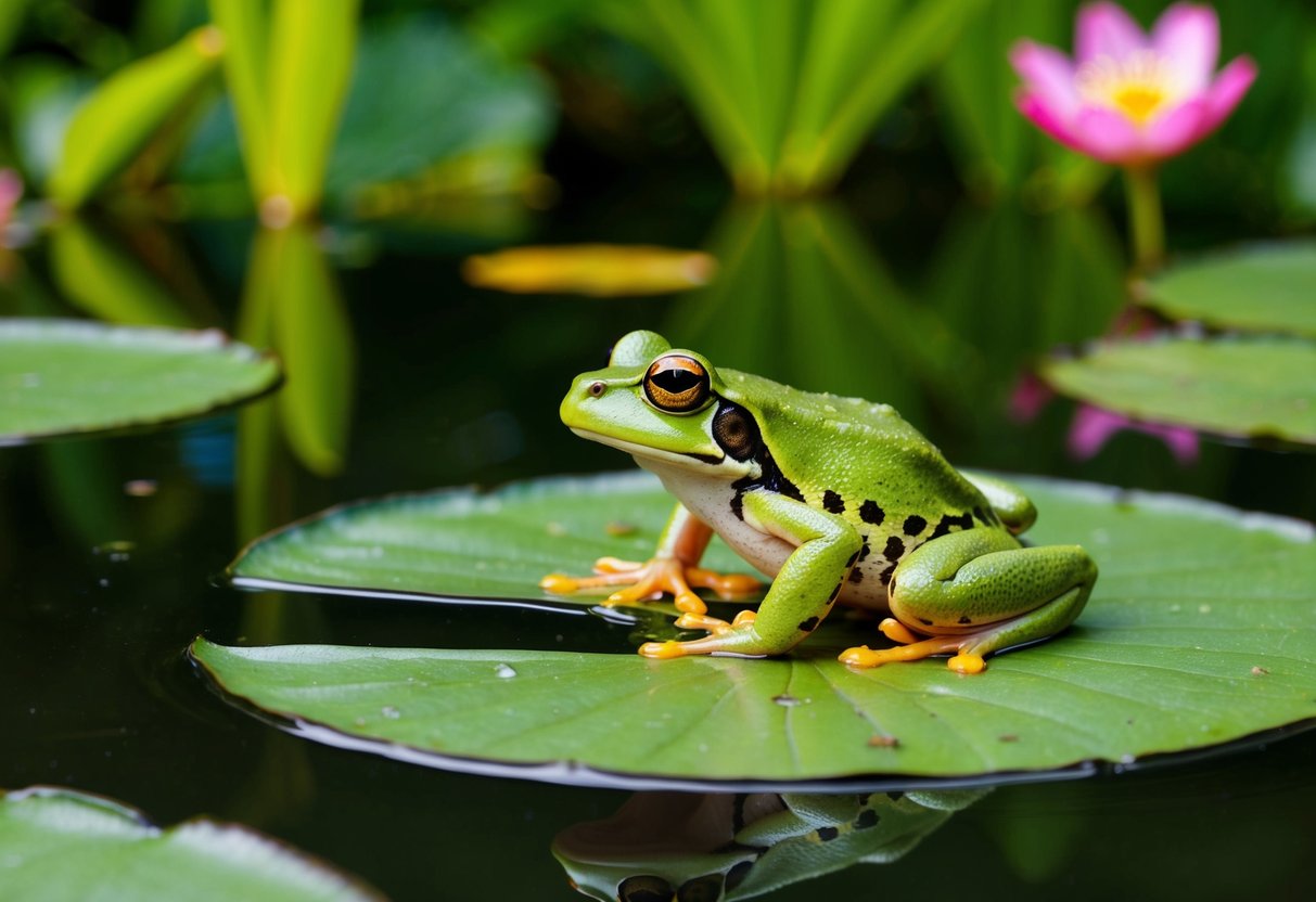 A frog perched on a lily pad in a serene pond, surrounded by lush greenery and colorful flowers