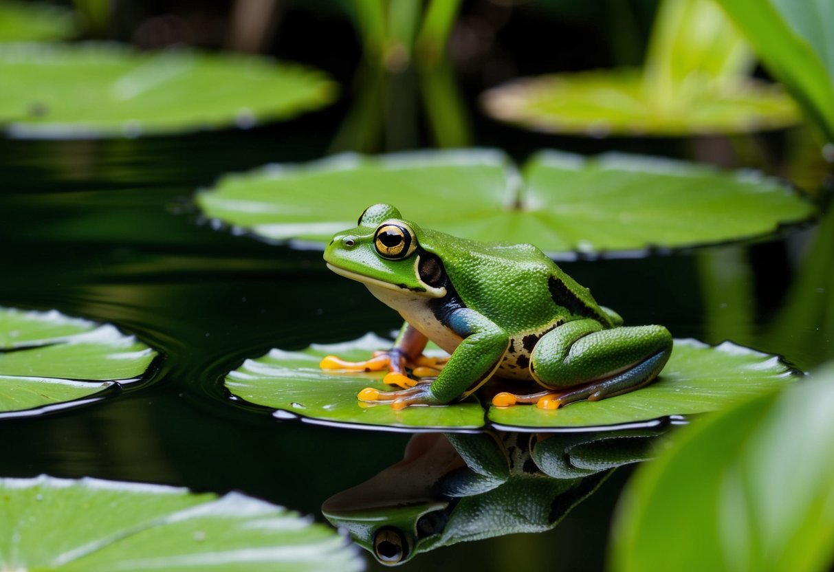 A frog perched on a lily pad in a tranquil pond, surrounded by lush green foliage and gentle ripples on the water's surface