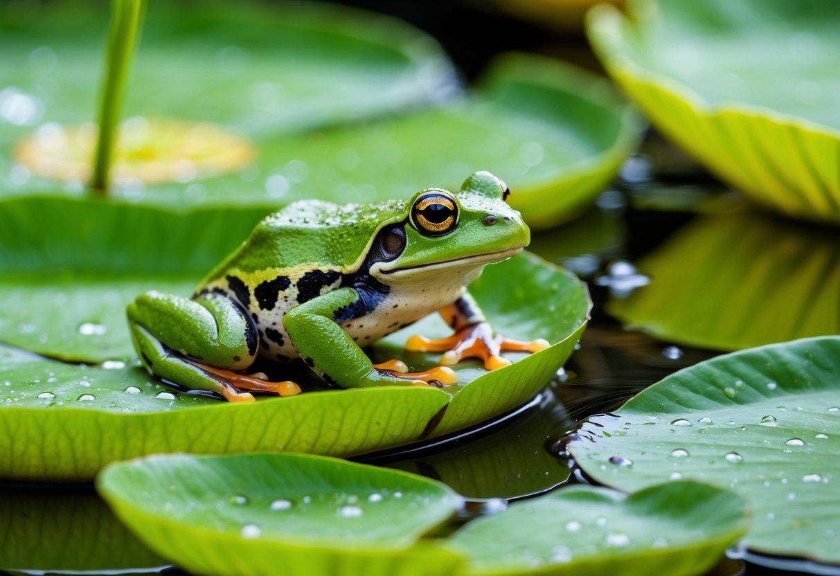 A frog perched on a lily pad in a tranquil pond, surrounded by lush green foliage and glistening water droplets