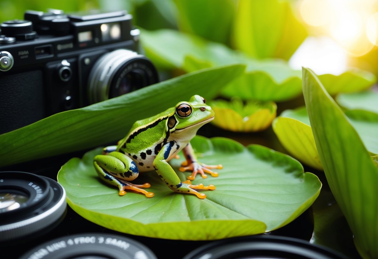 A frog perched on a lily pad surrounded by camera equipment and lush green foliage
