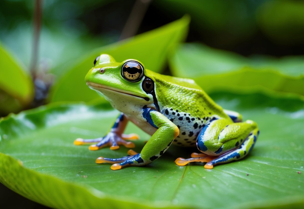 A frog perched on a lily pad, surrounded by vibrant green foliage, with a macro lens capturing the intricate details of its skin and eyes