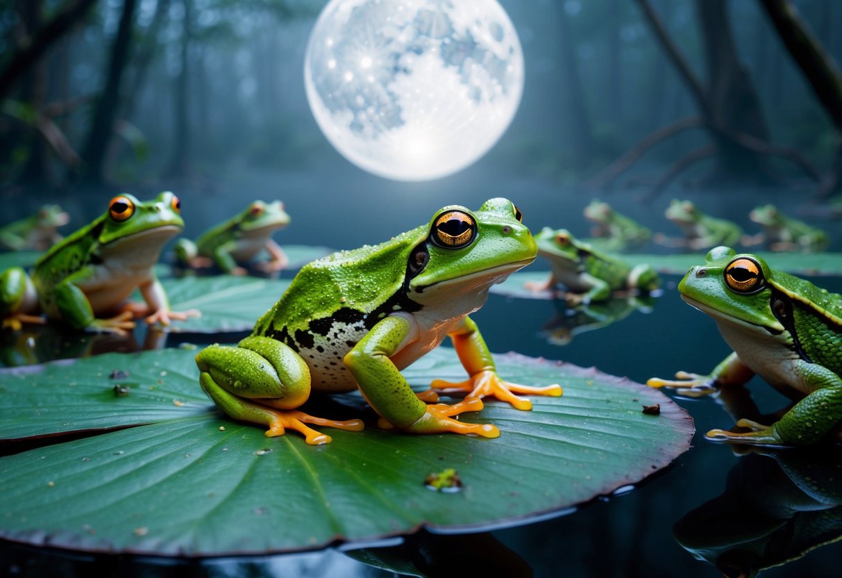A frog perched on a lily pad under a full moon, surrounded by a chorus of croaking toads in a misty, moonlit swamp