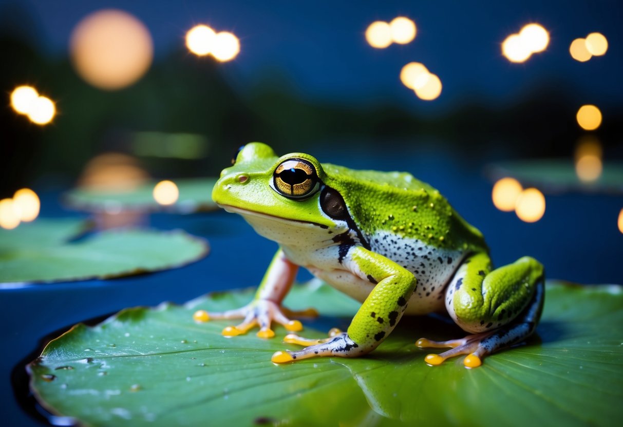 A frog perched on a lily pad under a full moon, surrounded by glowing fireflies and the reflection of stars on the water