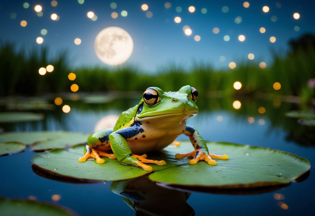 A frog perched on a lily pad under a moonlit sky, surrounded by the glow of fireflies and the reflection of stars in a tranquil pond