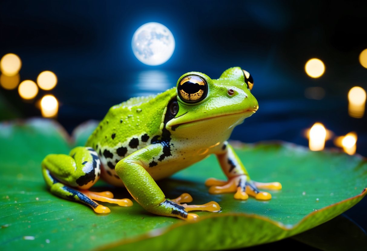 A frog perched on a lily pad under the moonlight, with its surroundings illuminated by the soft glow of fireflies