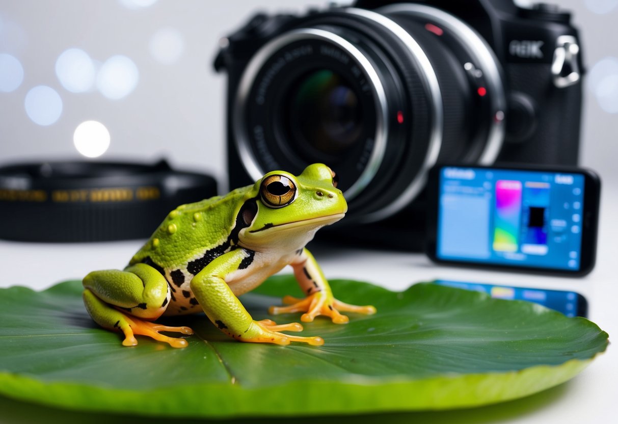 A frog perched on a lily pad, with a camera and editing software in the background