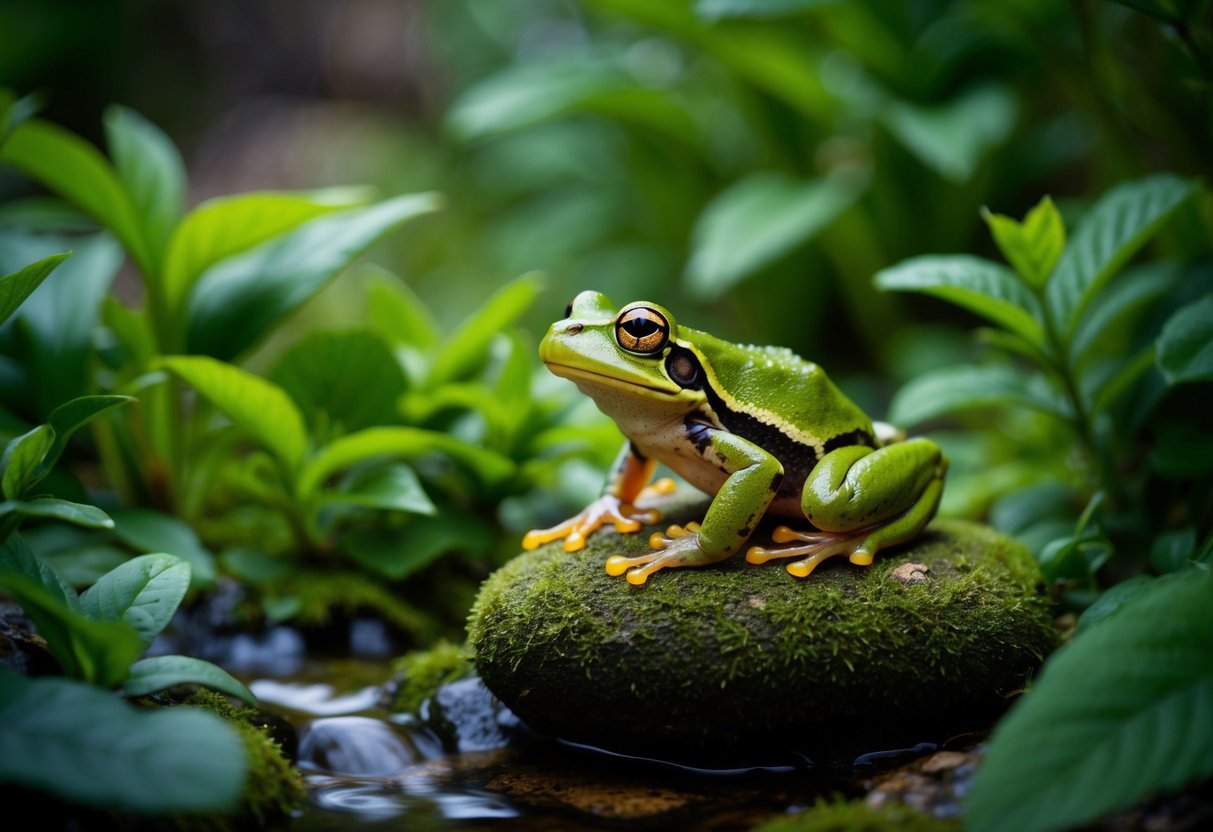 A frog perched on a moss-covered rock, surrounded by lush green foliage and a small stream