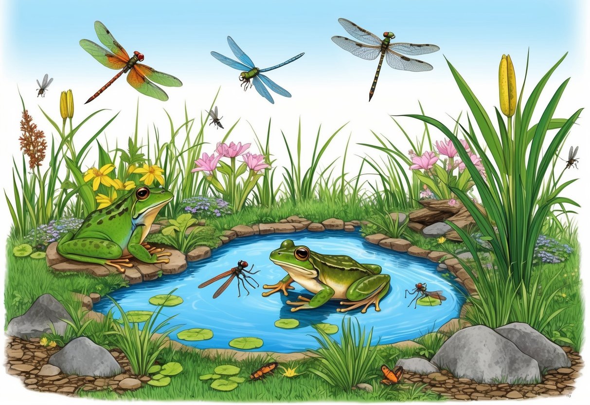 A frog pond attracts dragonflies, birds, and insects